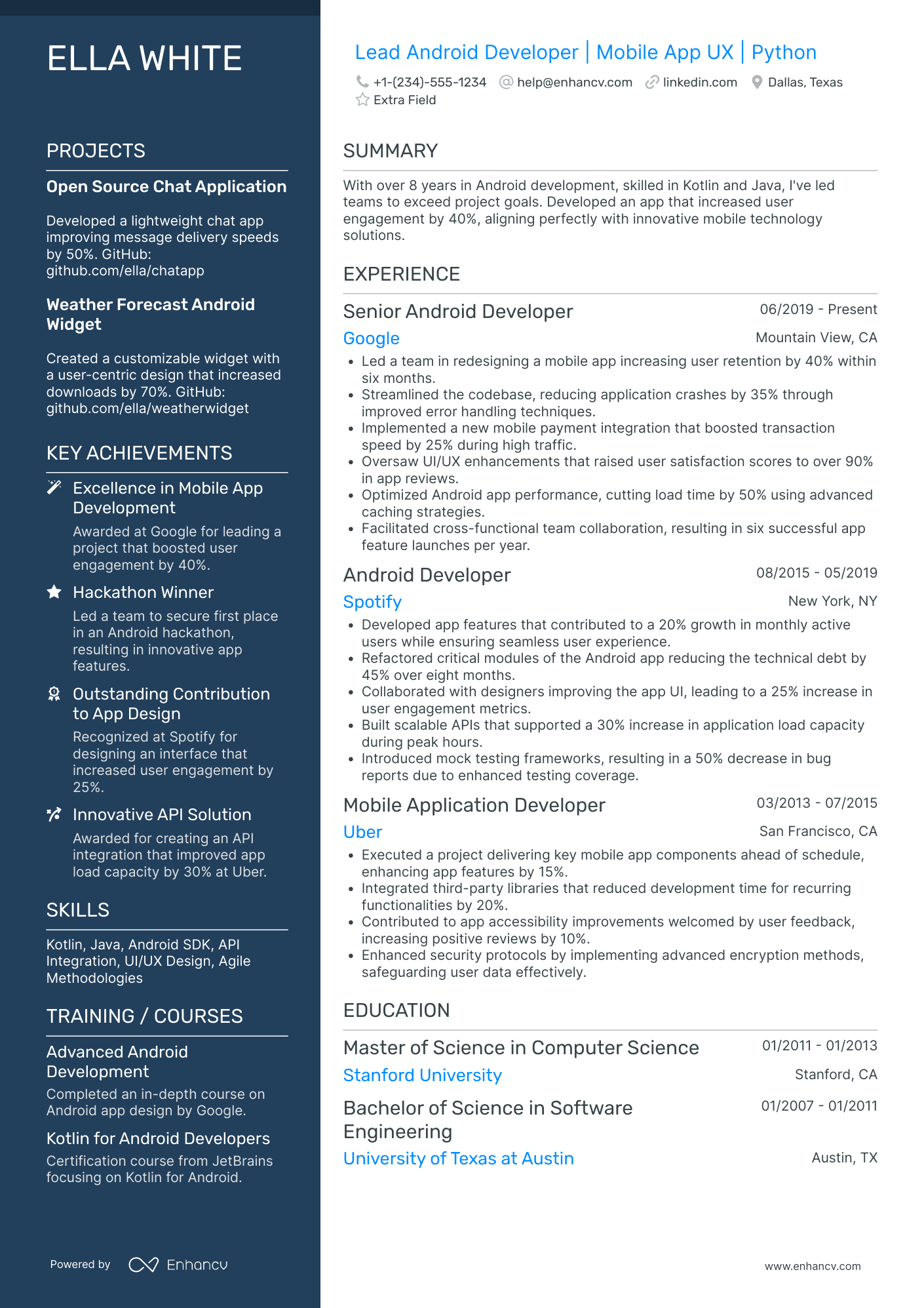 Lead Android Developer Resume Example