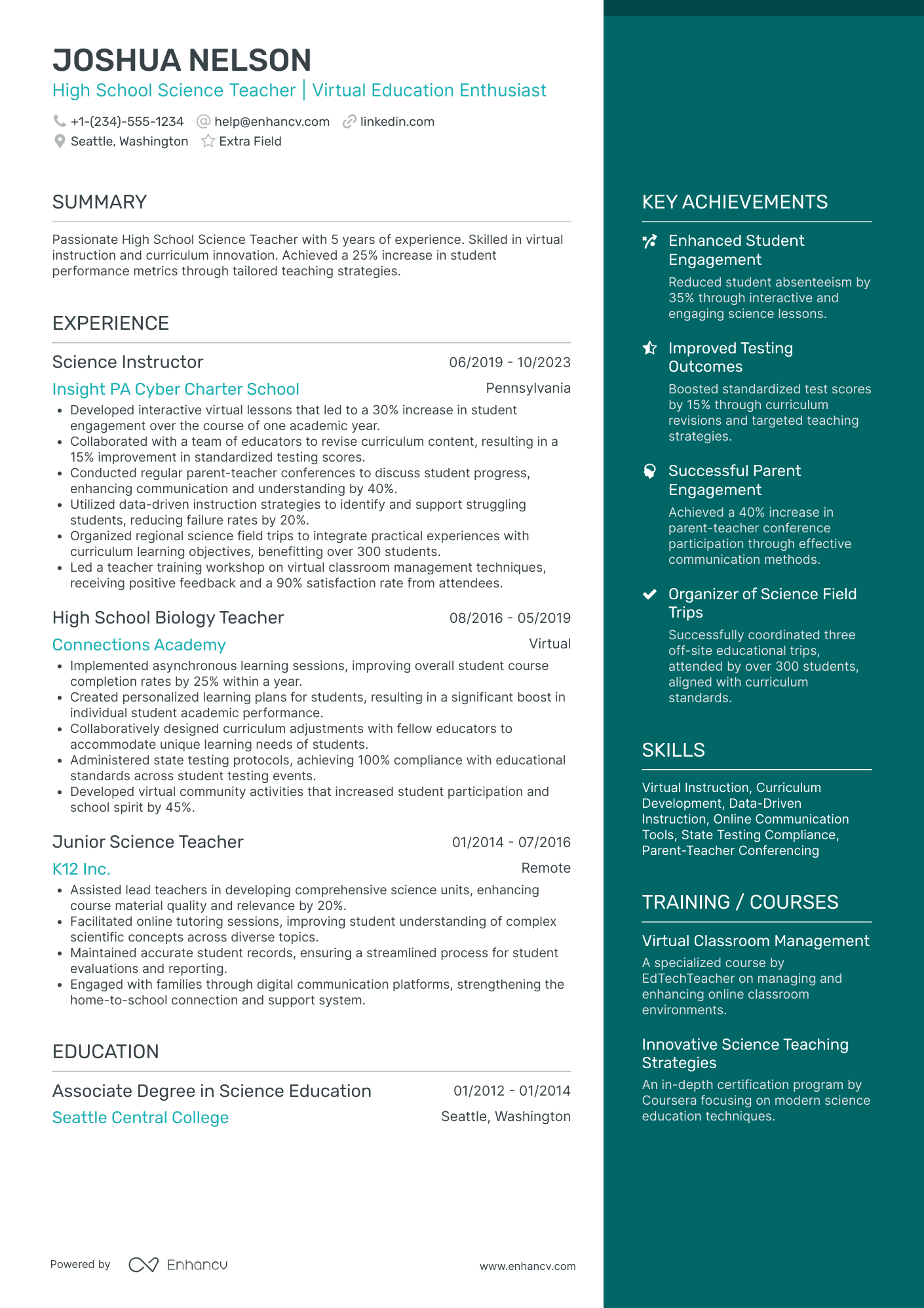 After School Science Teacher Resume Example