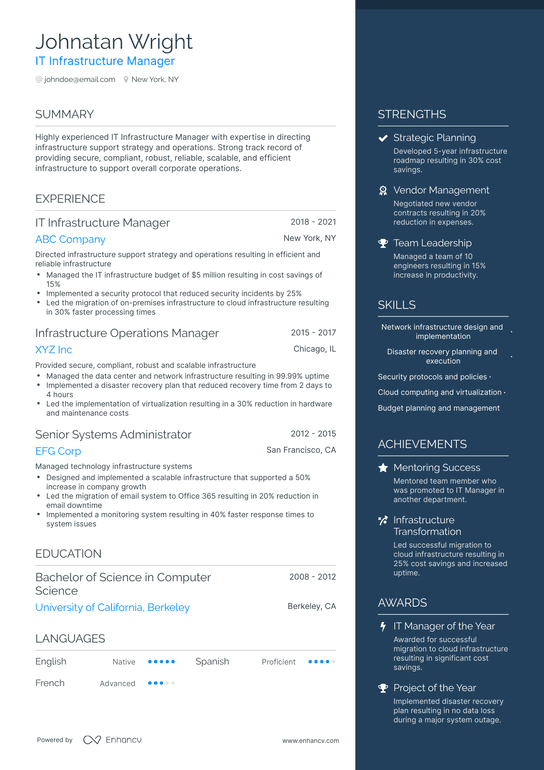 IT Infrastructure Manager Resume Example