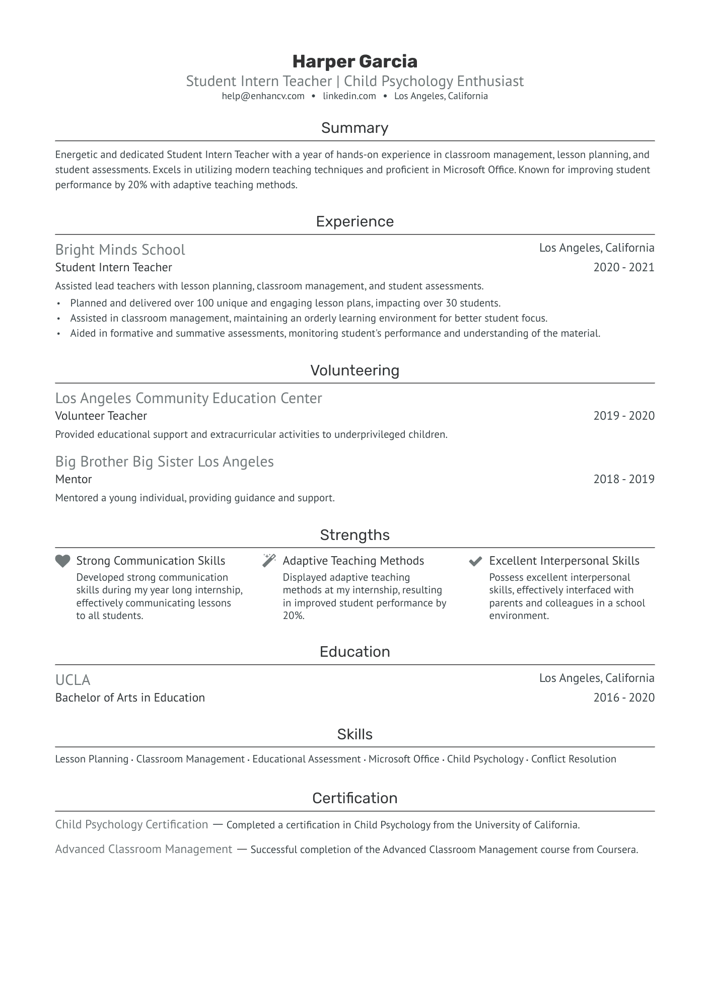 Student Intern Teacher Resume Example