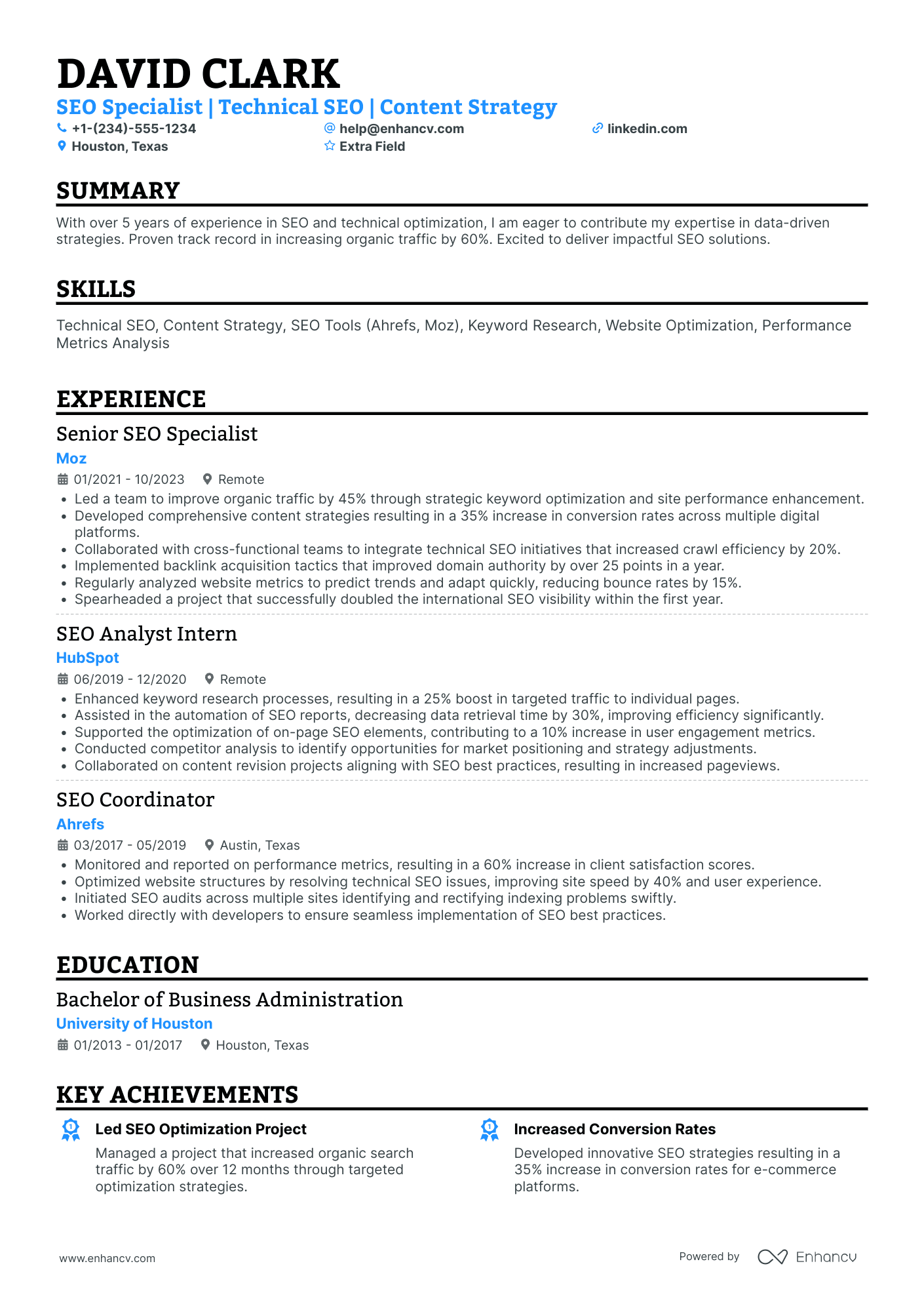 Junior SEO Specialist Resume Example