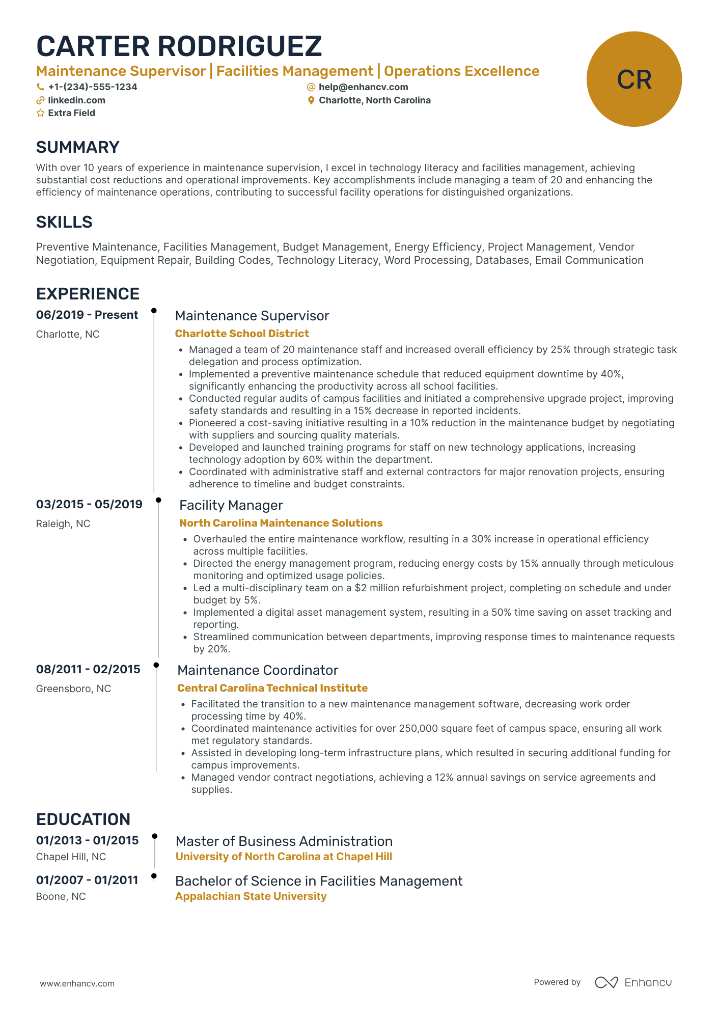 Maintenance Supervisor Resume Example