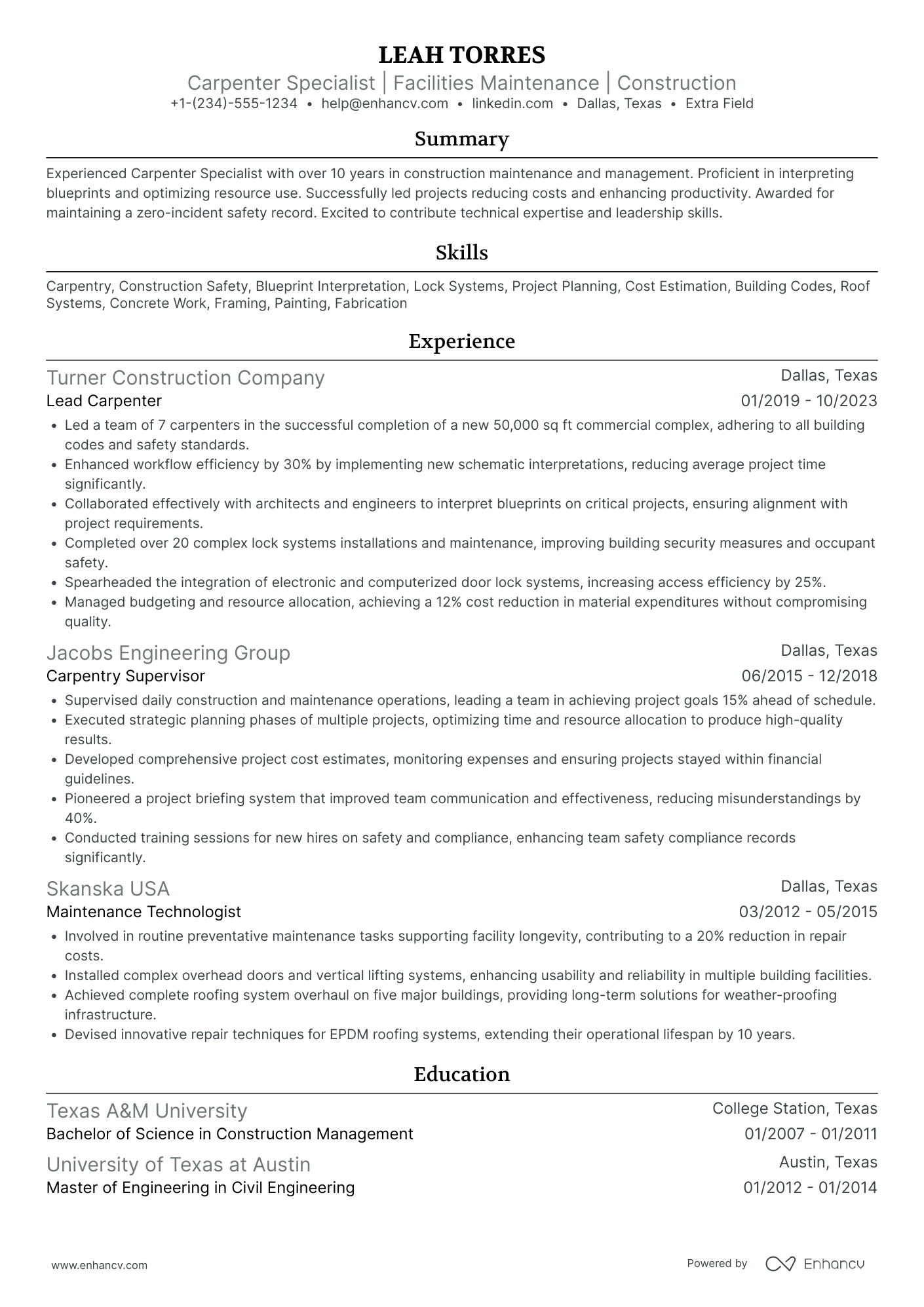 Carpentry Contractor Resume Example