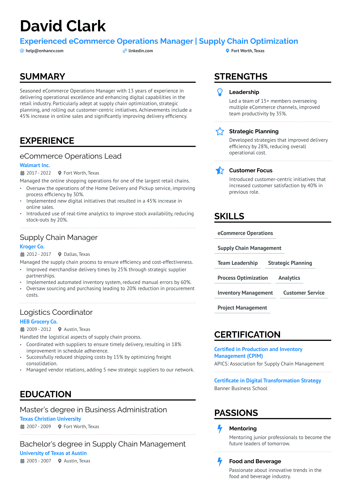 E Commerce Operations Manager Resume Example
