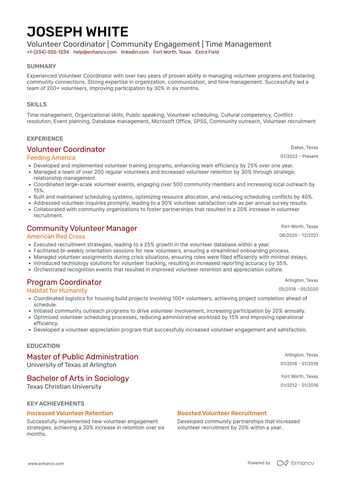 Entry Level Volunteer Coordinator Resume Example