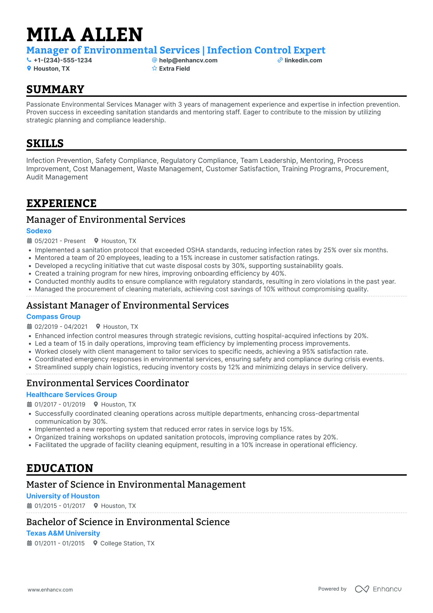 Environmental Services Manager Resume Example