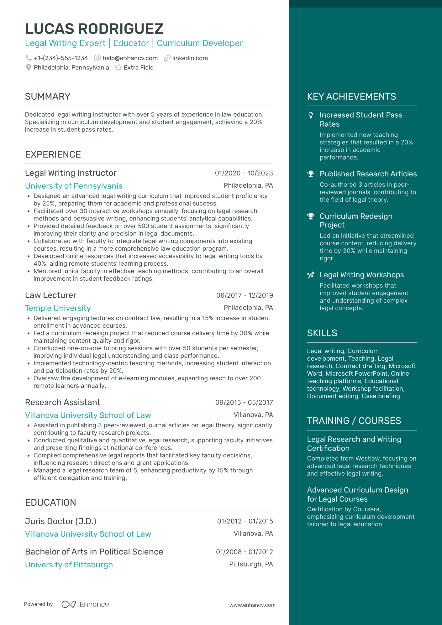 Law School Legal Writing Instructor Resume Example