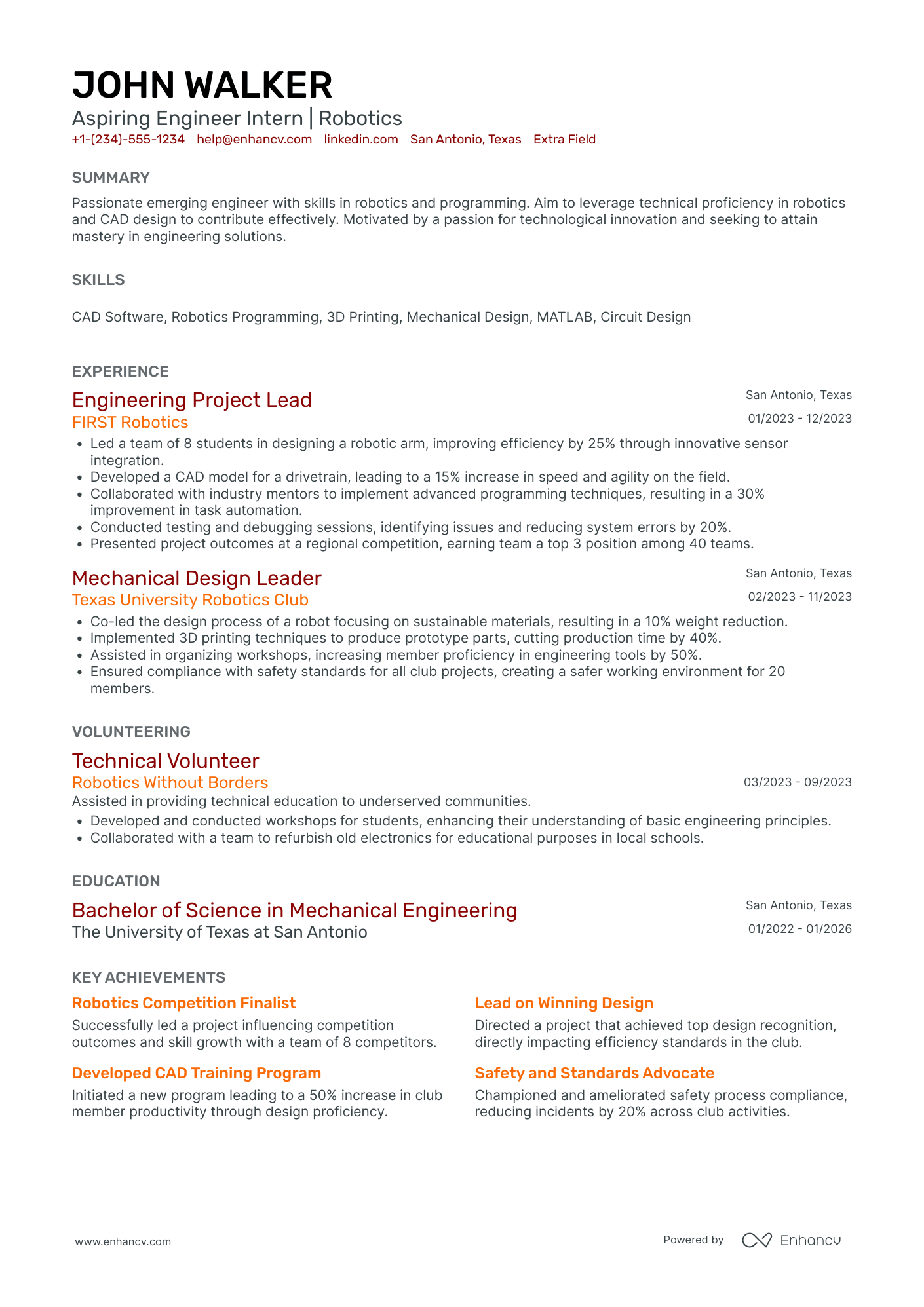 Junior Engineering Student Intern Resume Example