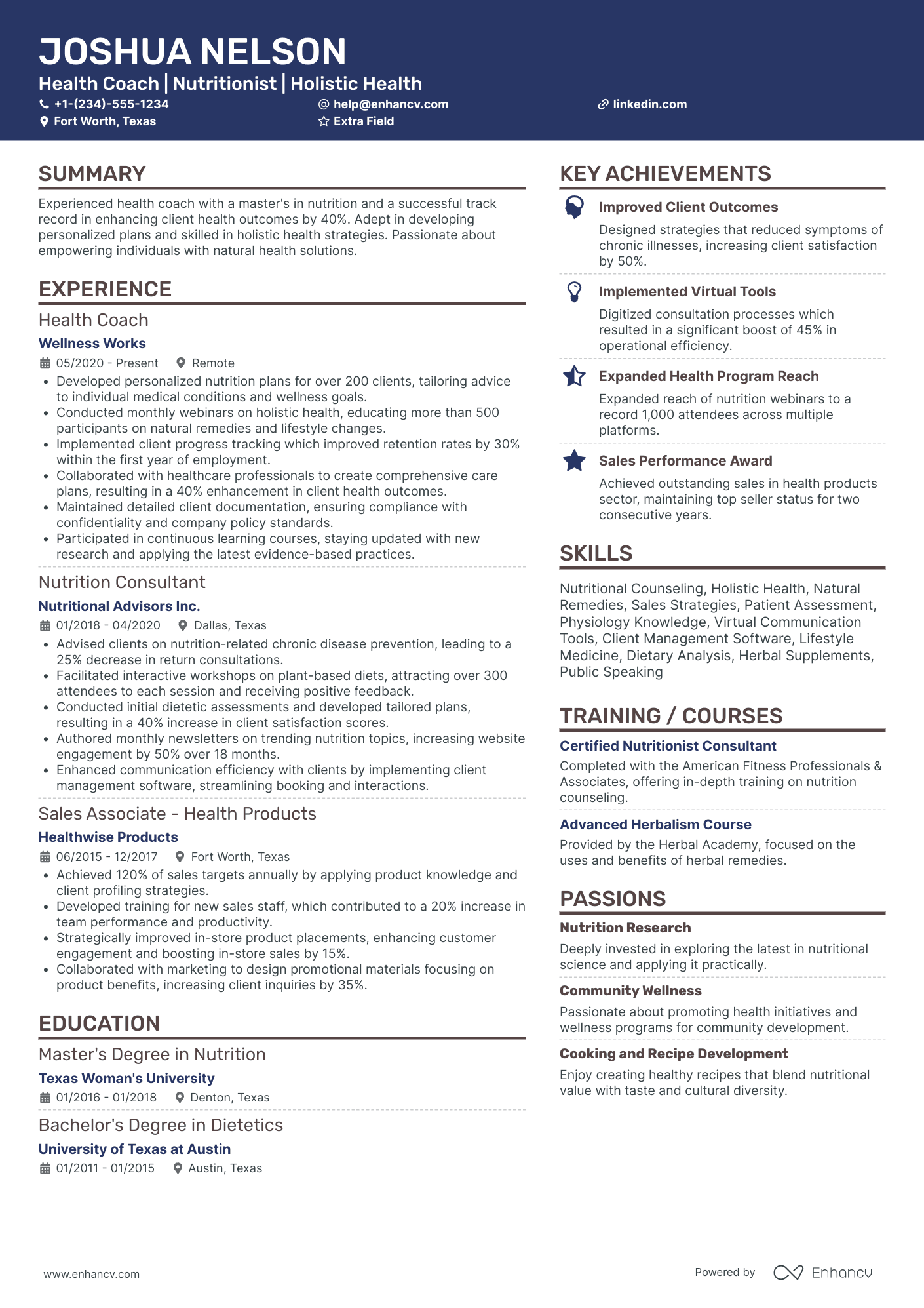 Women's Health Coach Resume Example