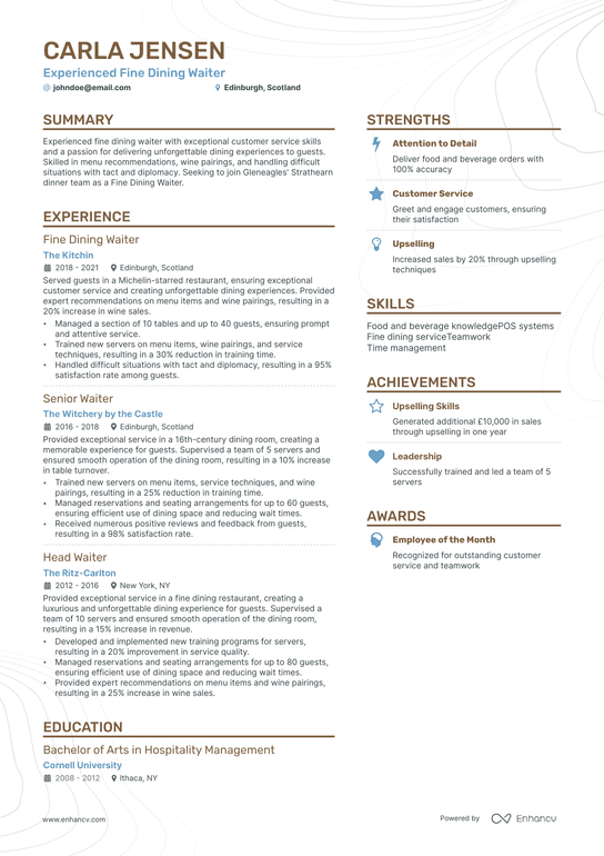 Fine Dining Resume Example