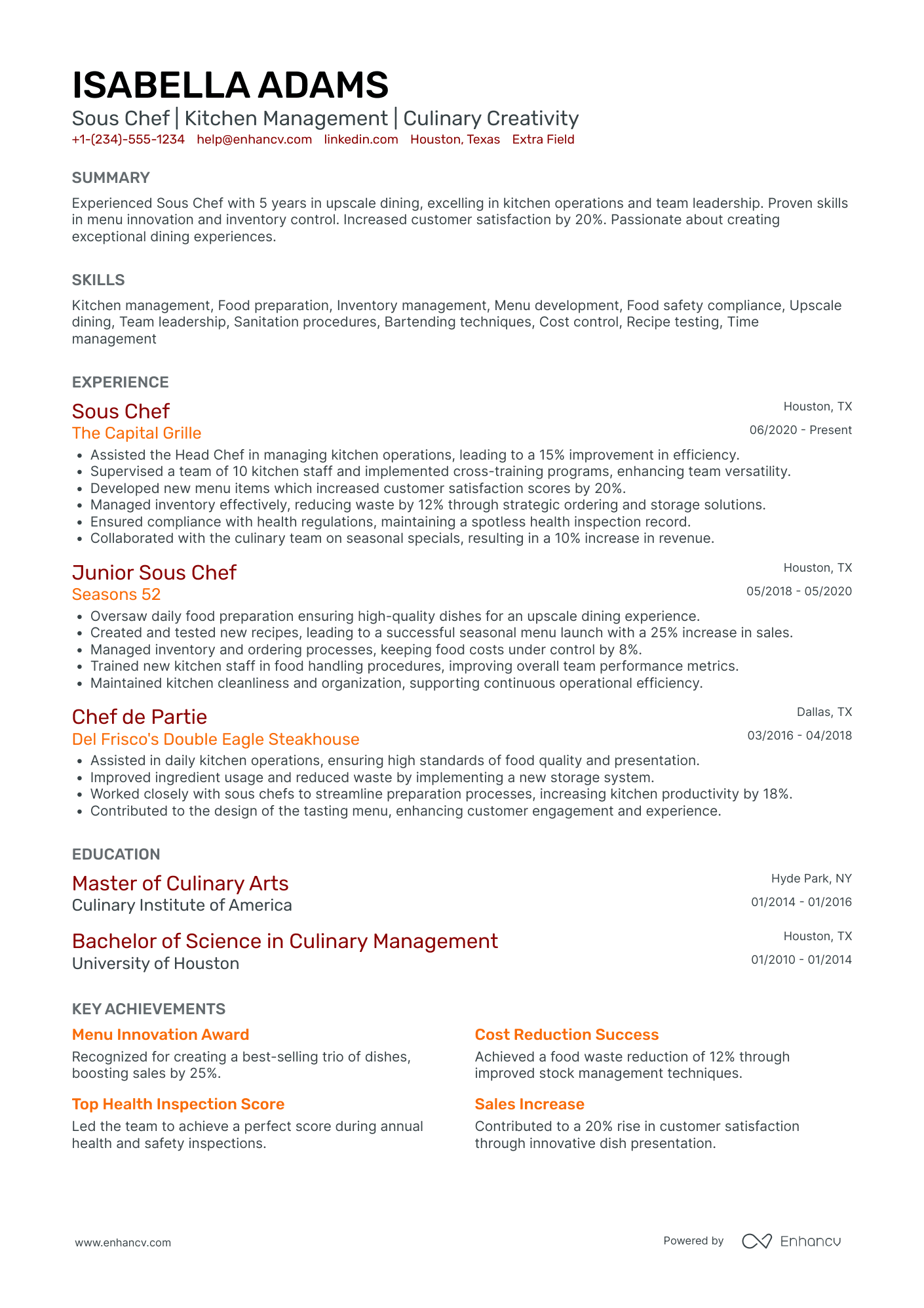 Casual Dining Sous Chef Resume Example