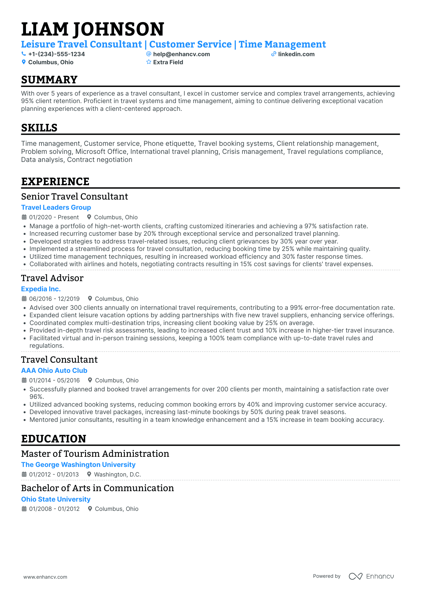 Leisure Travel Consultant Resume Example