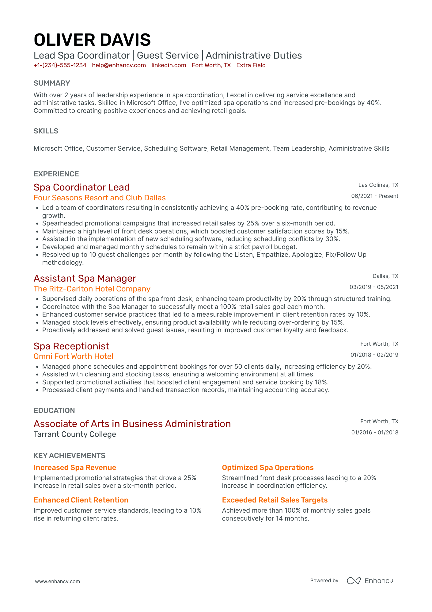 Lead Spa Manager Resume Example