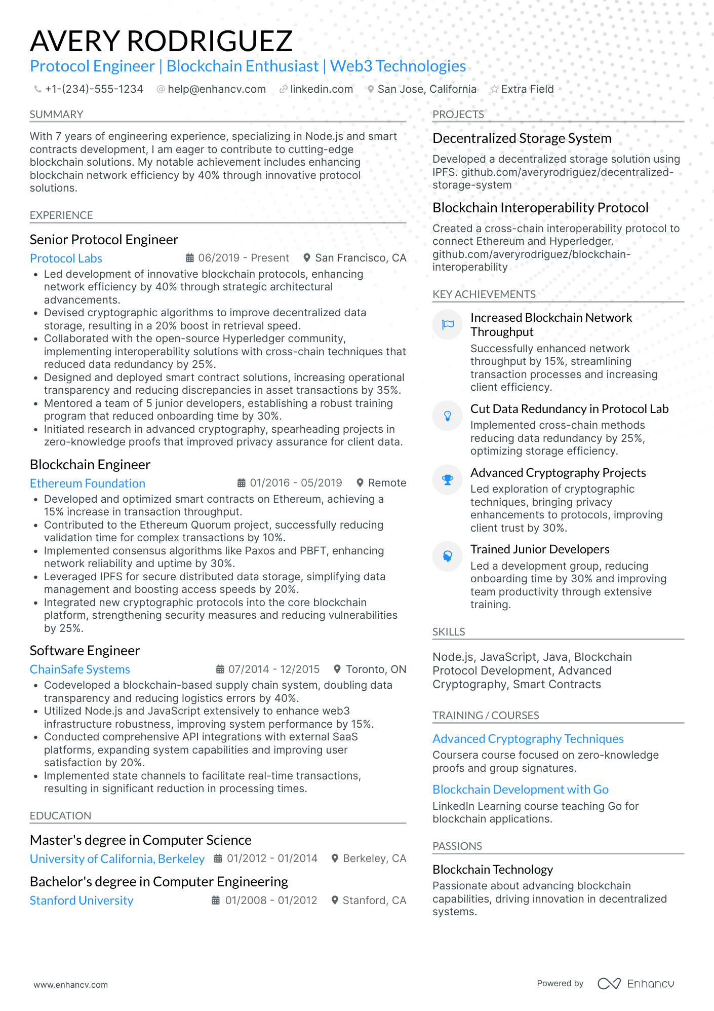 Blockchain Protocol Developer Resume Example