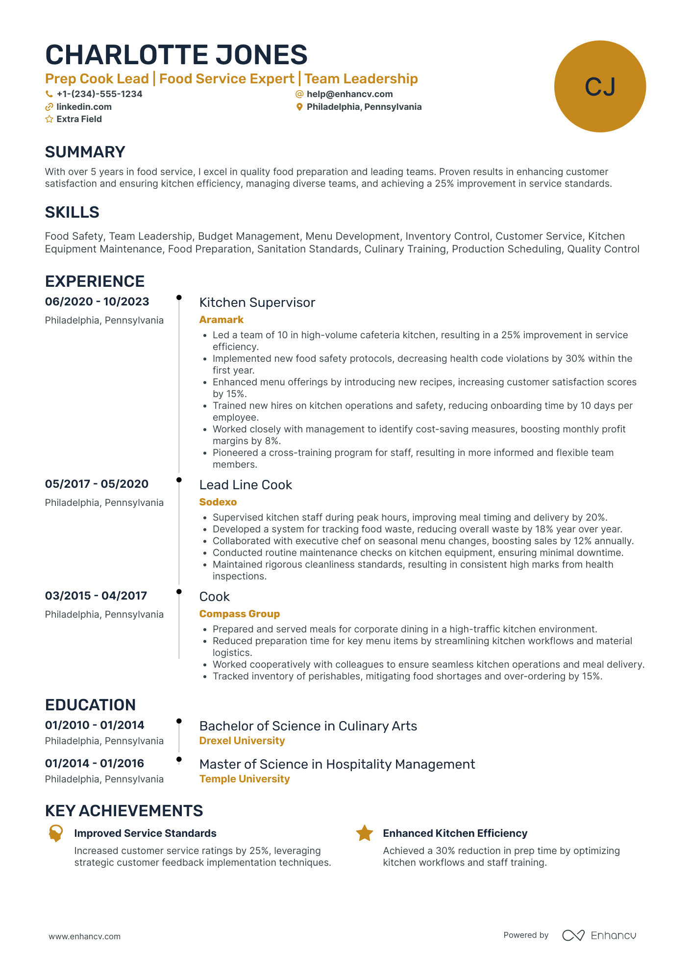 Lead Prep Cook Resume Example