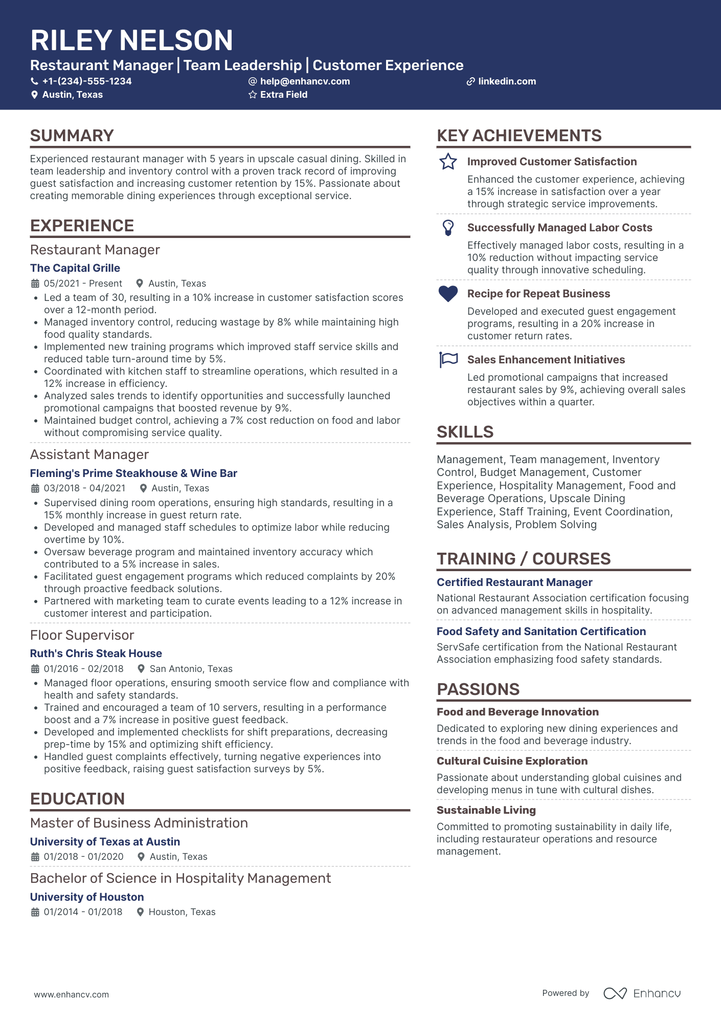 Casual Dining Restaurant Manager Resume Example