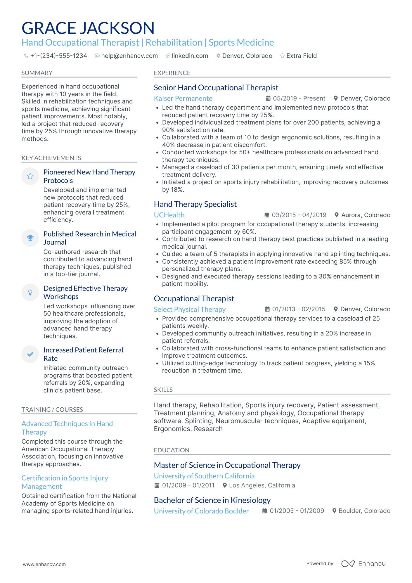 Hand Occupational Therapist Resume Example