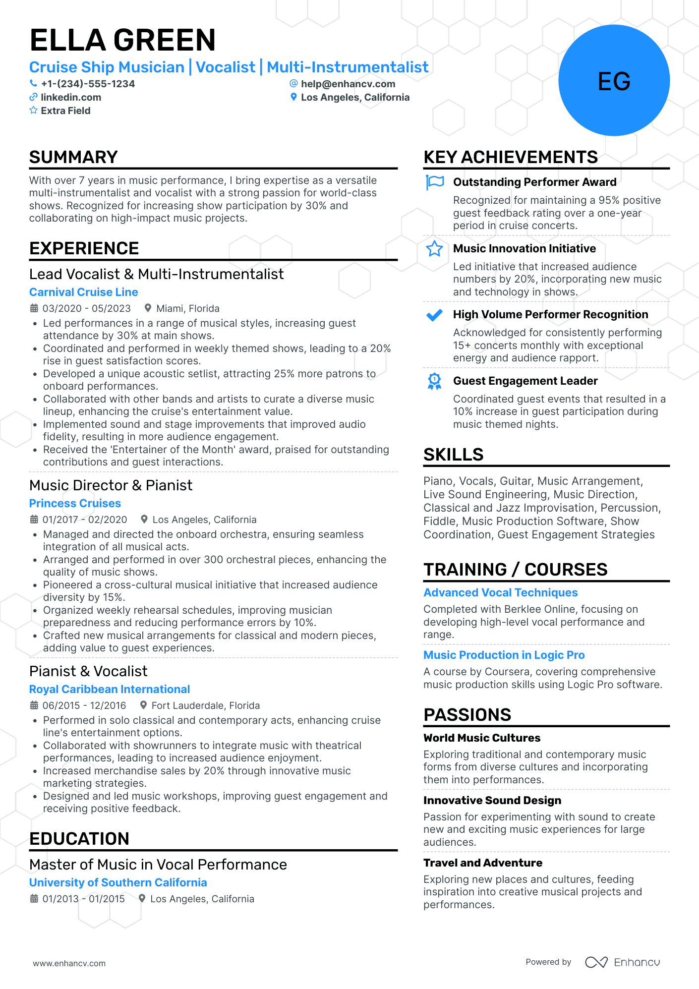 Cruise Ship Musician Resume Example