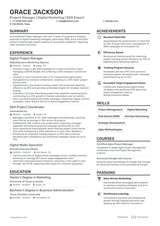 Freelance Project Manager Resume Example