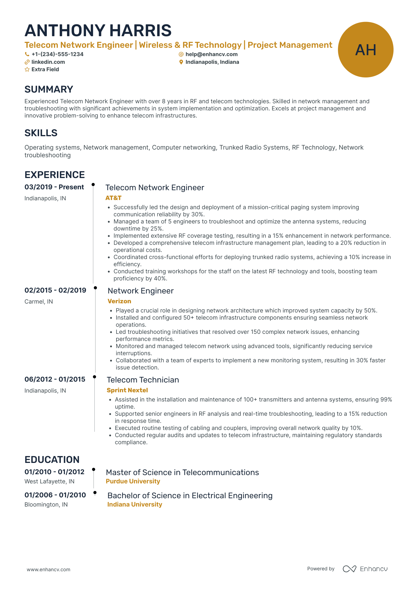 Telecom Network Engineer Resume Example