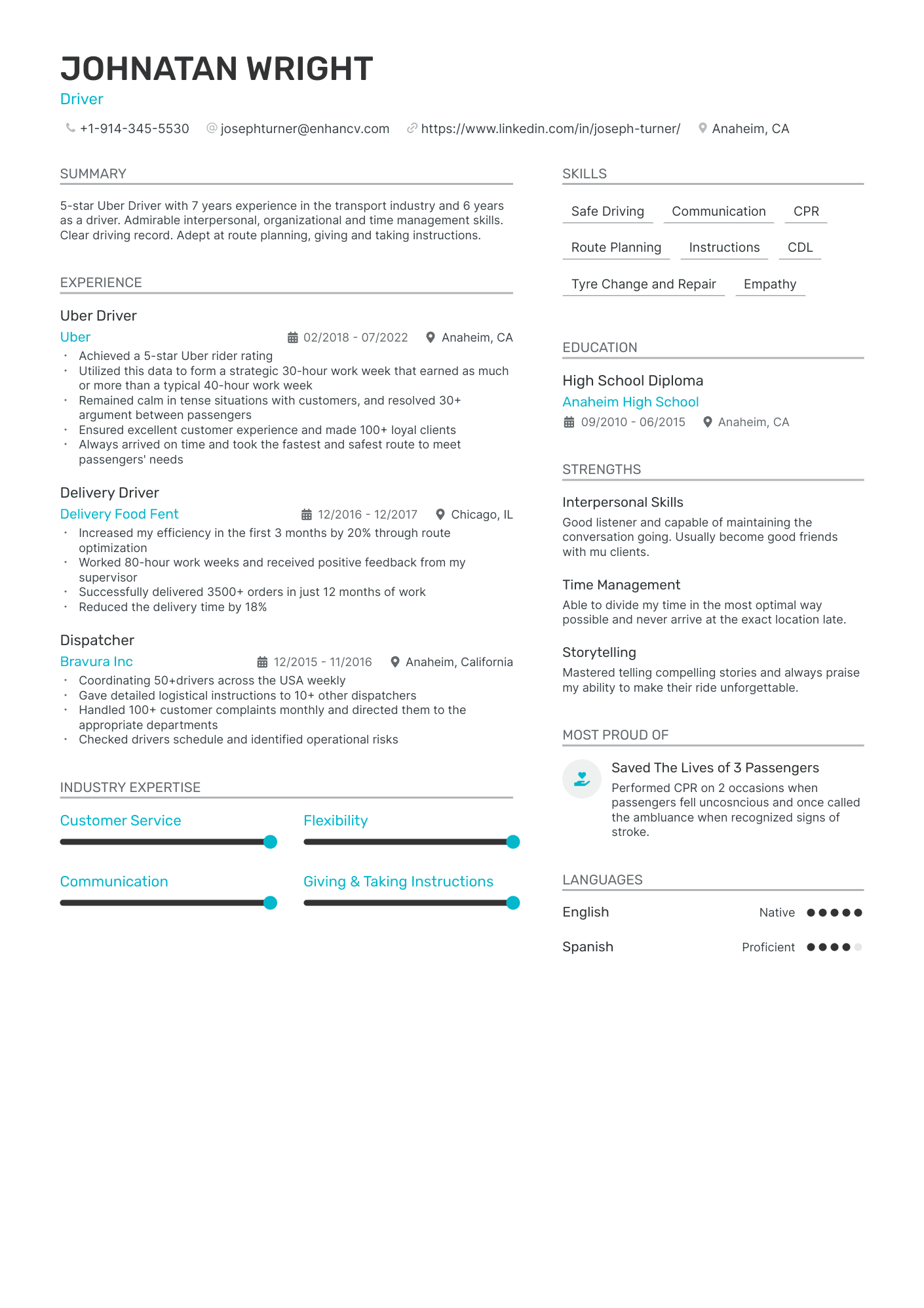 Uber Driver Resume Example