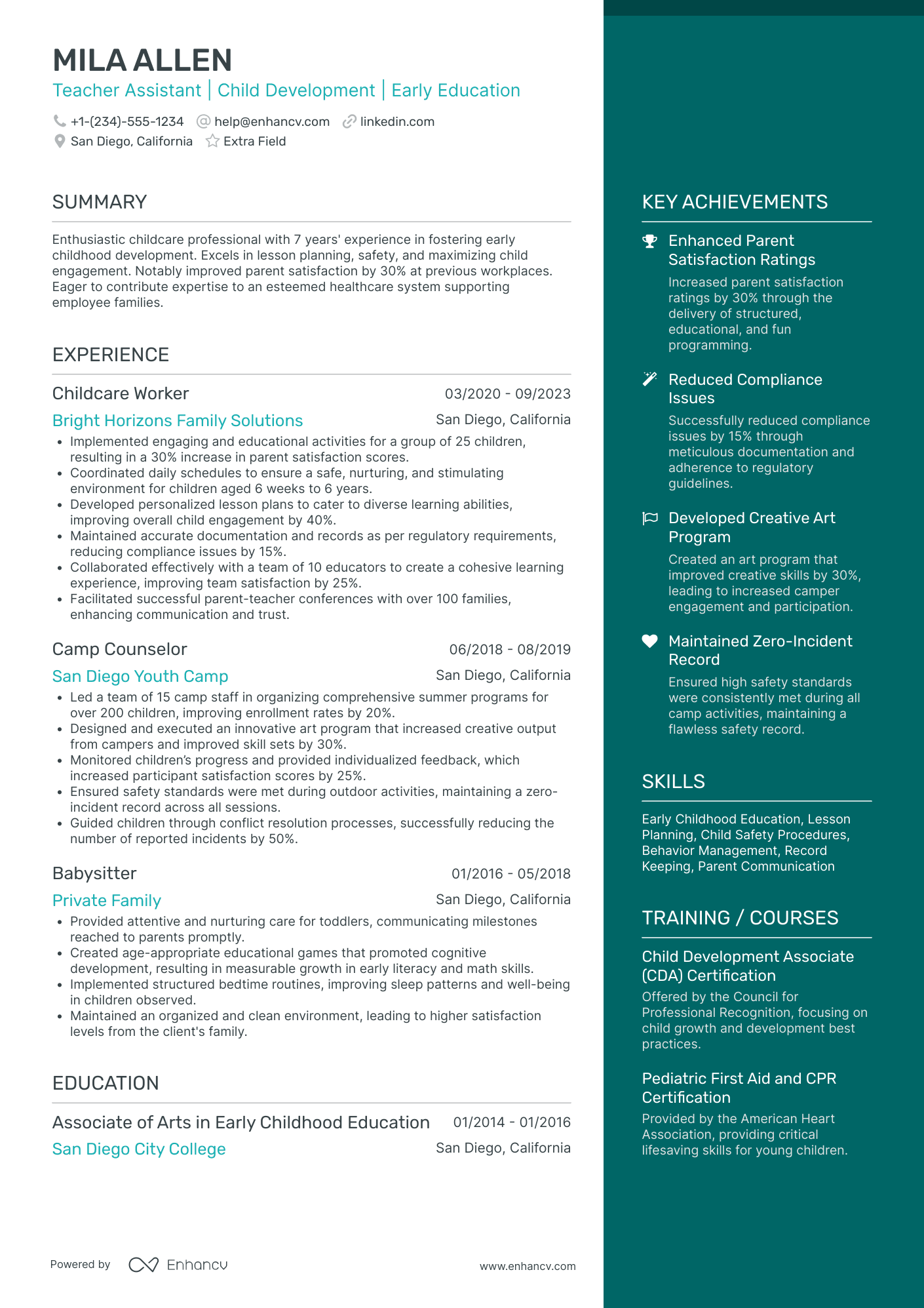 Day Care Teacher Assistant Resume Example