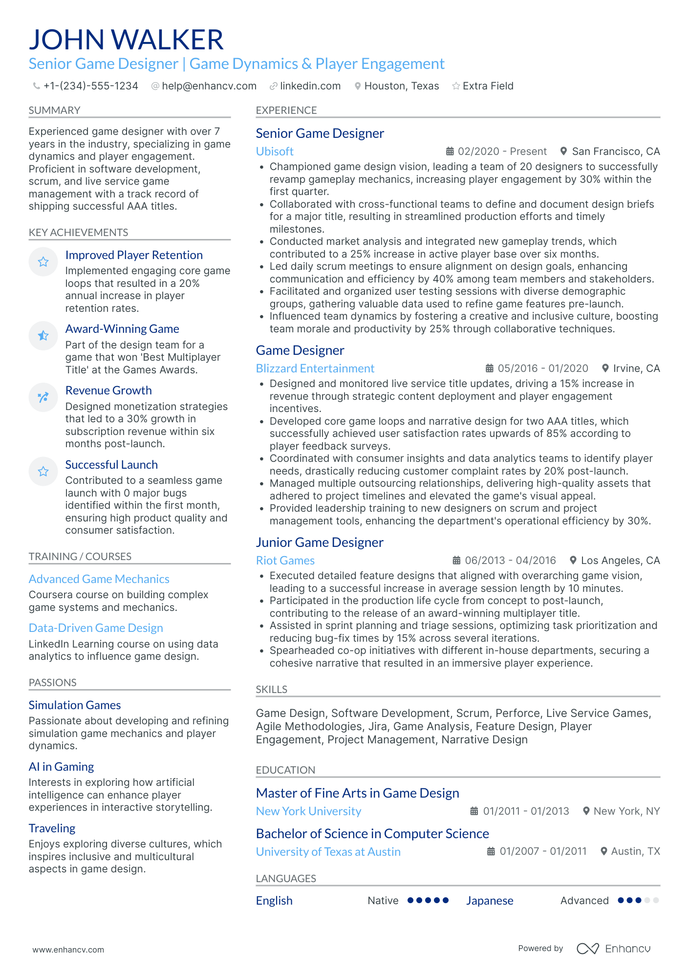 Senior Game Designer Resume Example