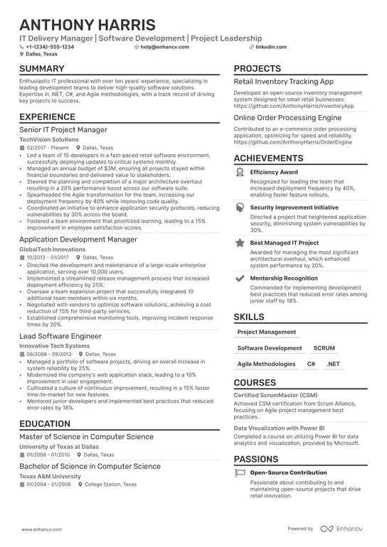 IT Delivery Manager Resume Example