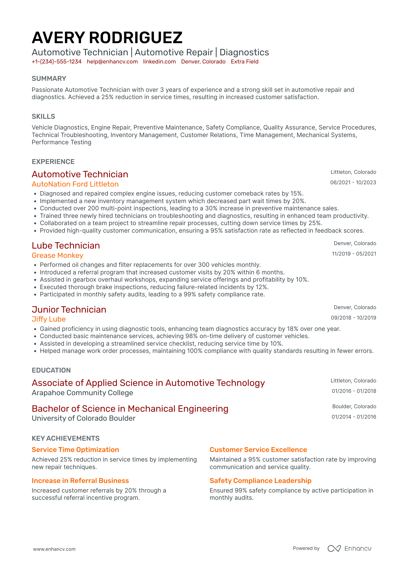 Entry Level Automotive Technician Resume Example