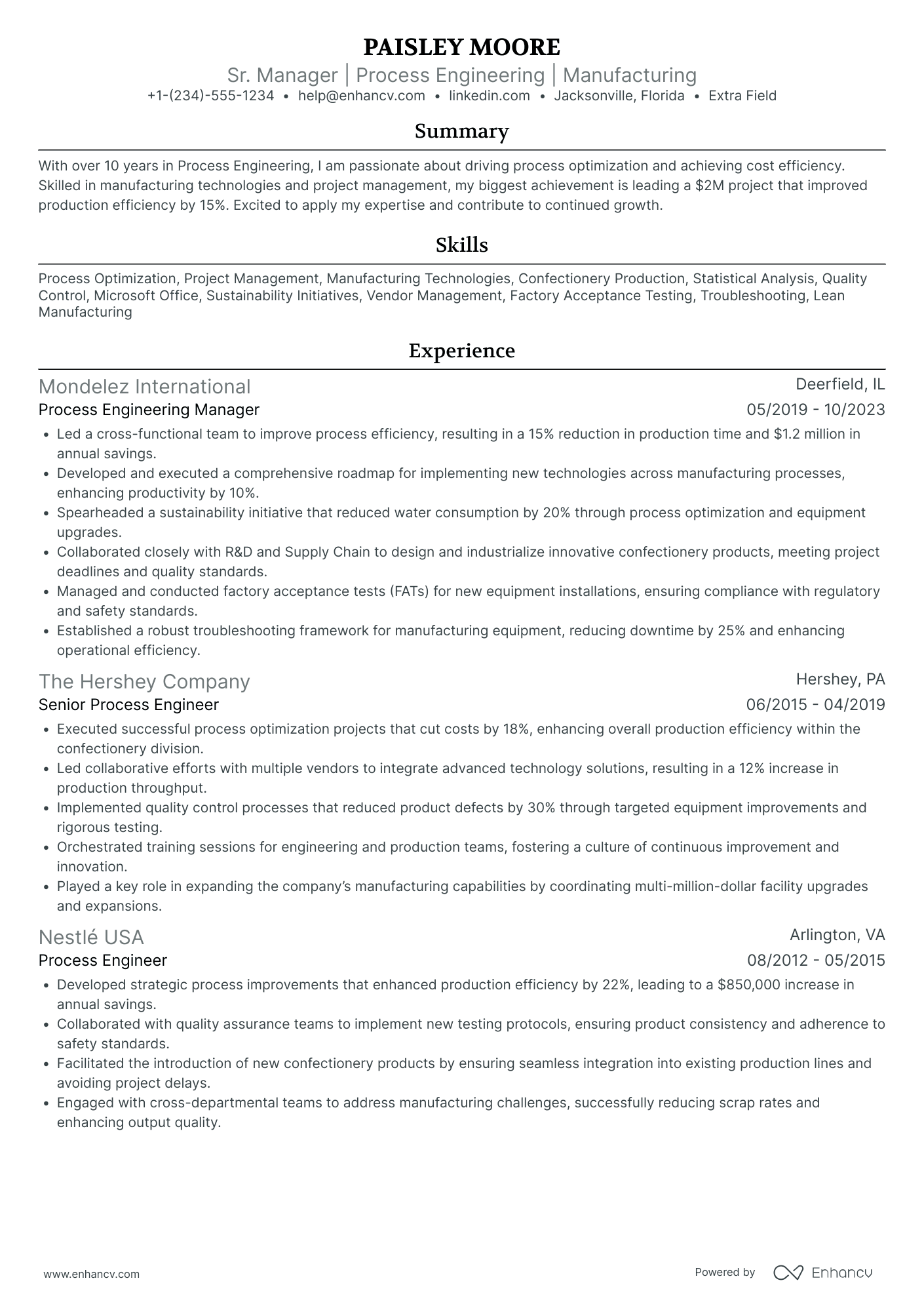 Process Engineering Manager Resume Example