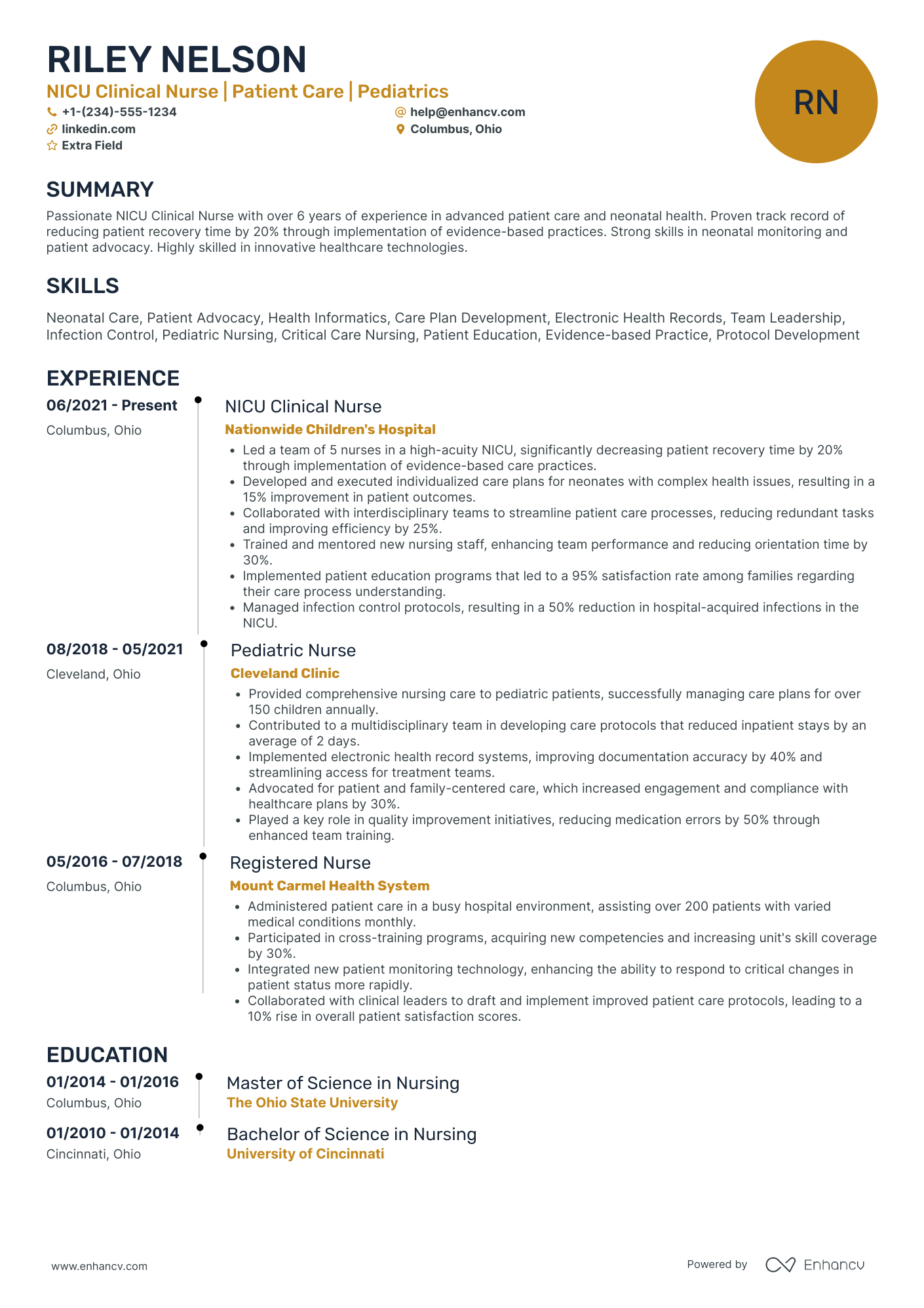 NICU Clinical Nurse Resume Example