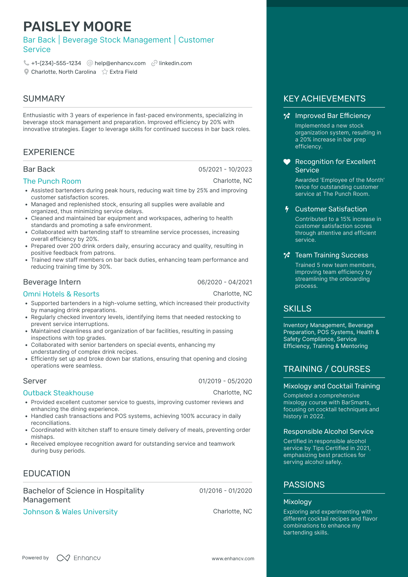 Junior Barback Resume Example