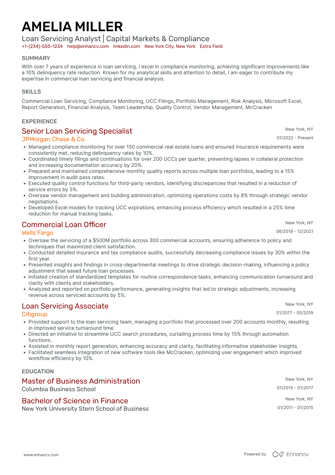 Loan Servicing Officer Resume Example