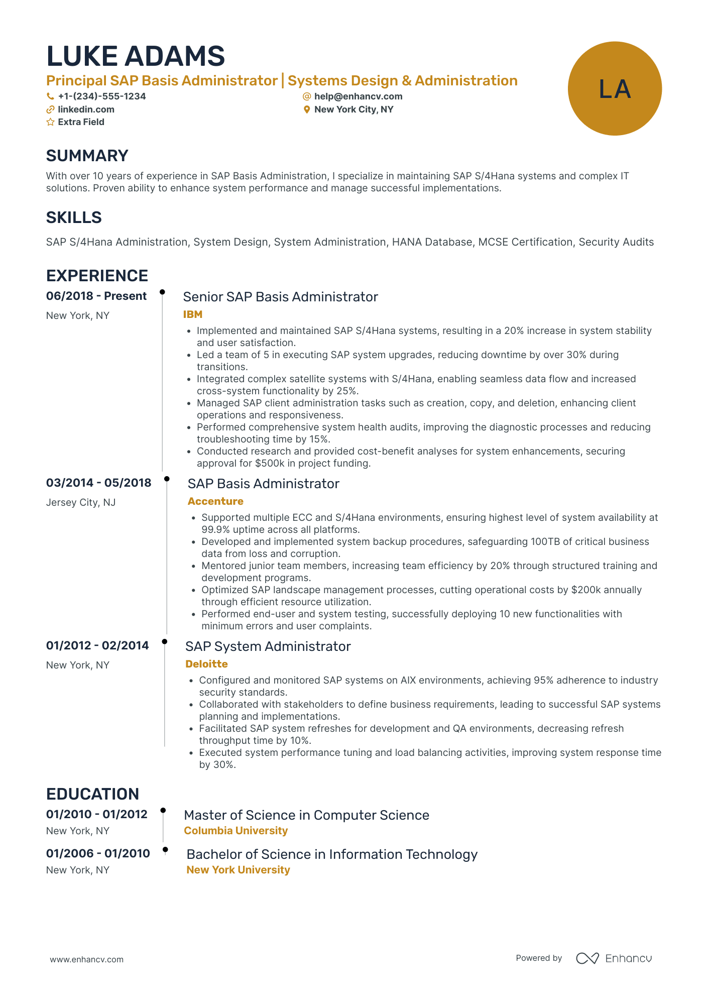 SAP Administrator Resume Example