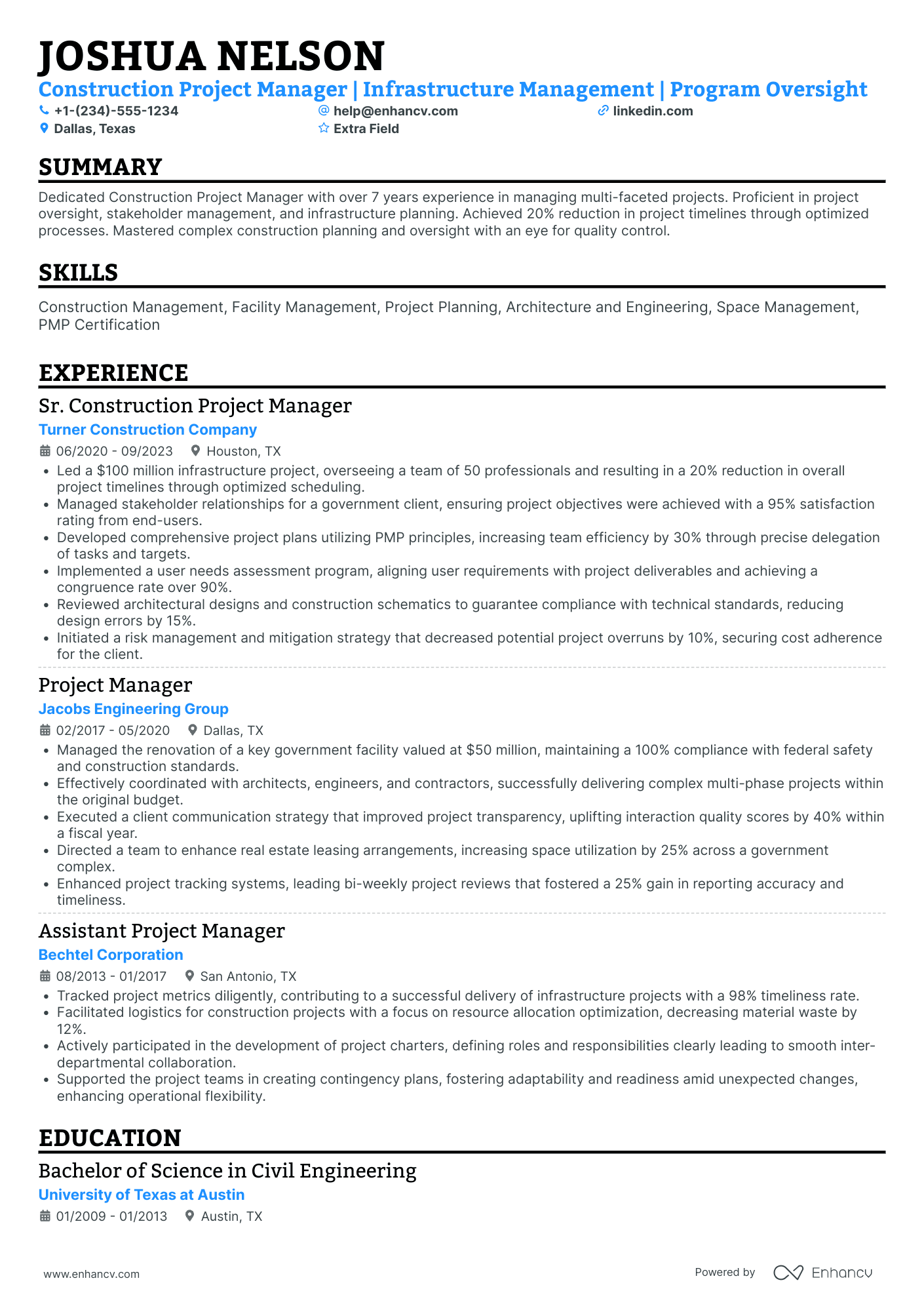 Mid Level Construction Project Manager Resume Example