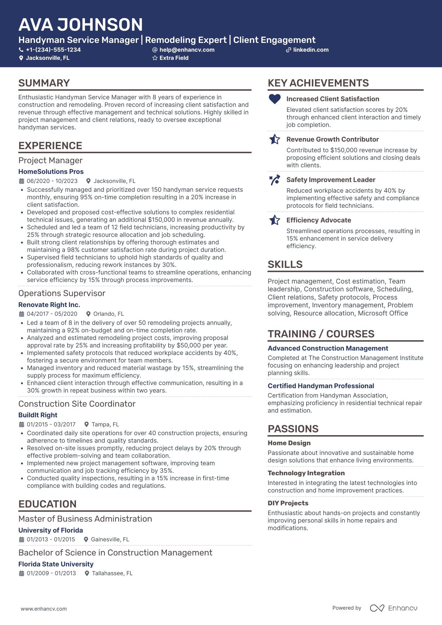 Handyman Project Manager Resume Example