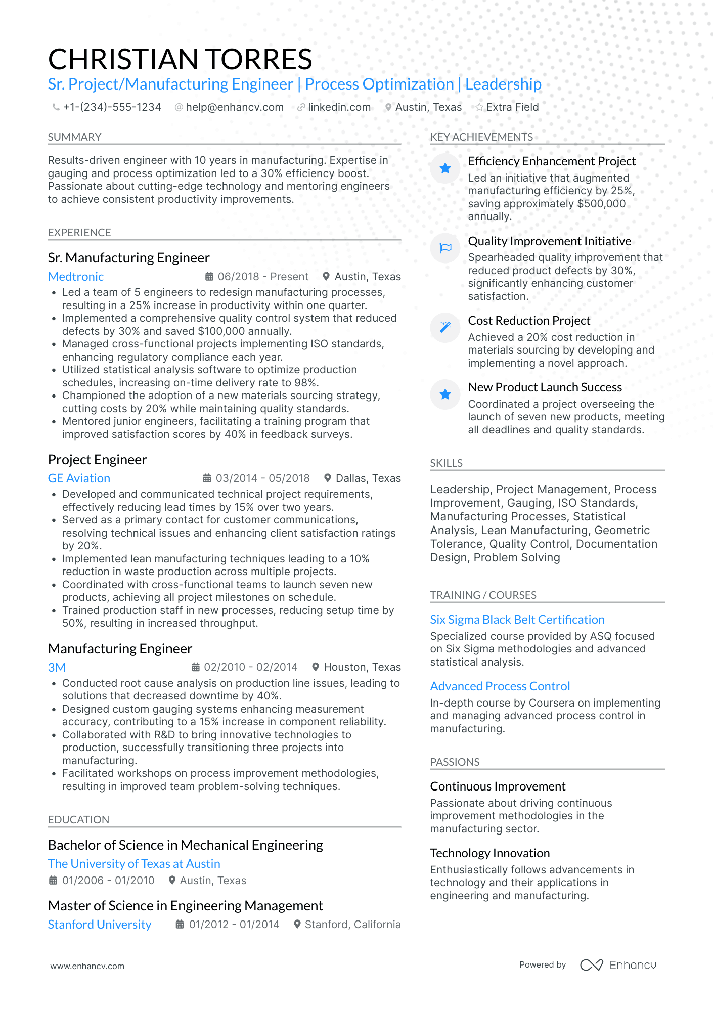 Manufacturing Project Engineer Resume Example