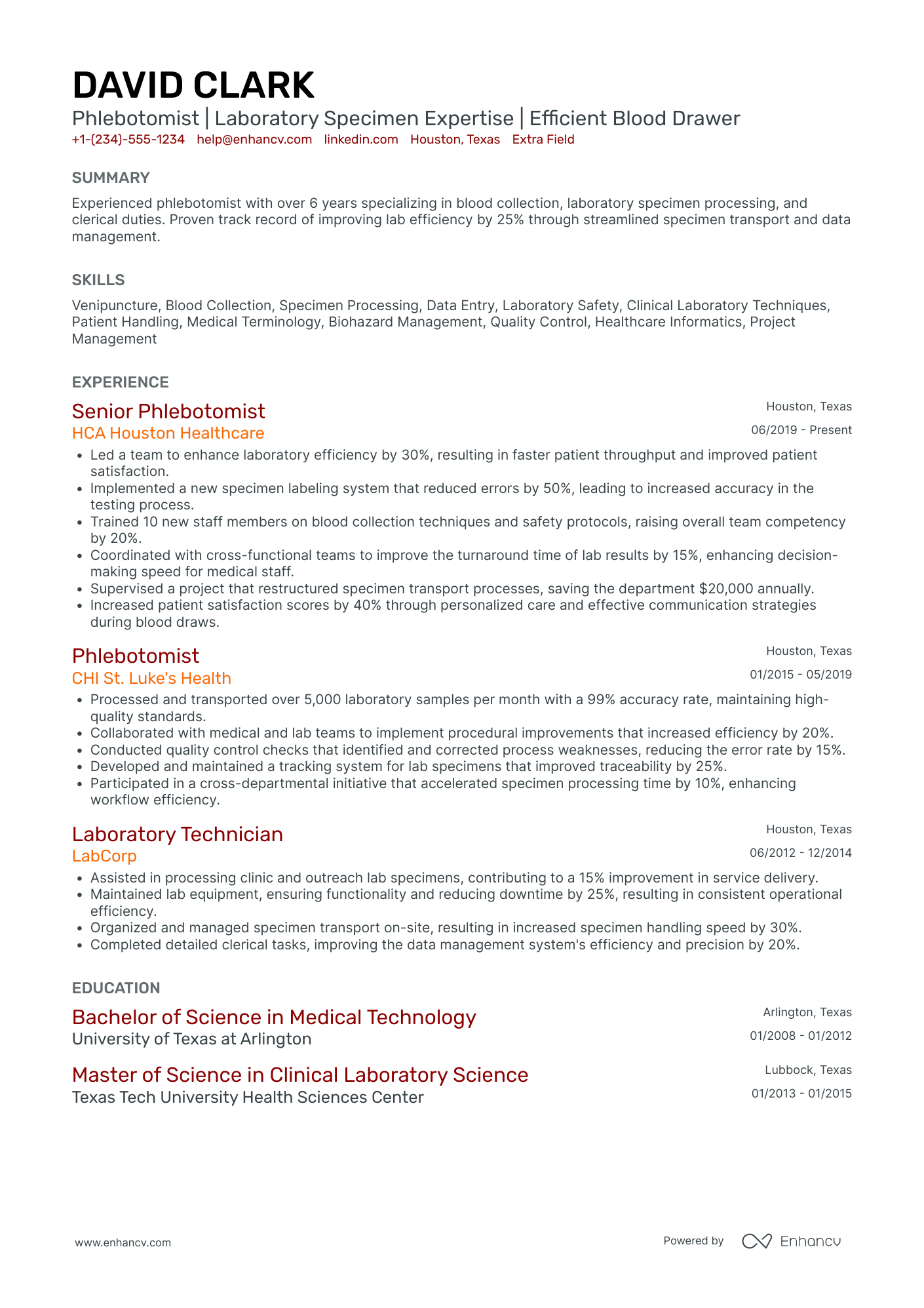 Senior Phlebotomist Resume Example