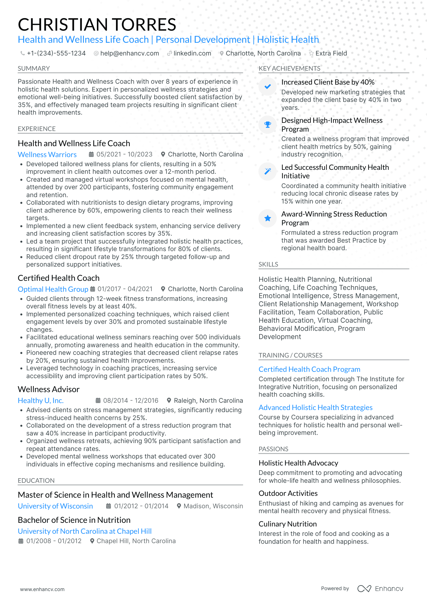 Health and Wellness Life Coach Resume Example