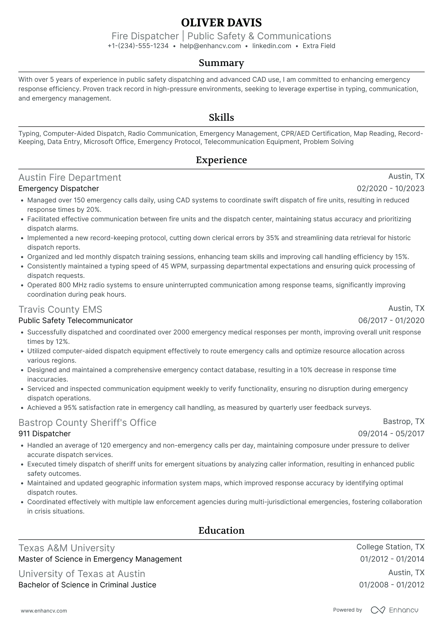 Firefighter Dispatcher Resume Example