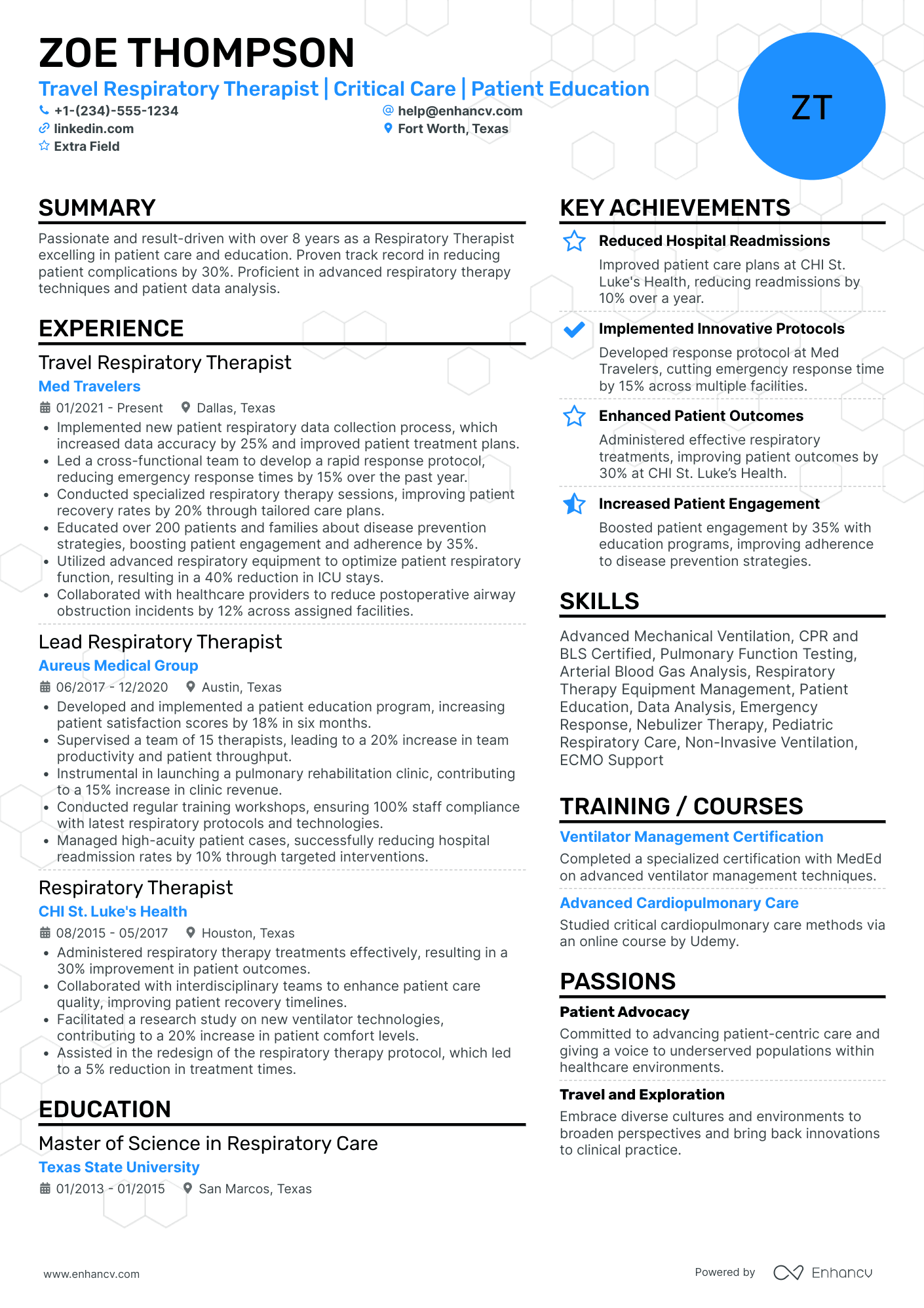 Travel Respiratory Therapist Resume Example