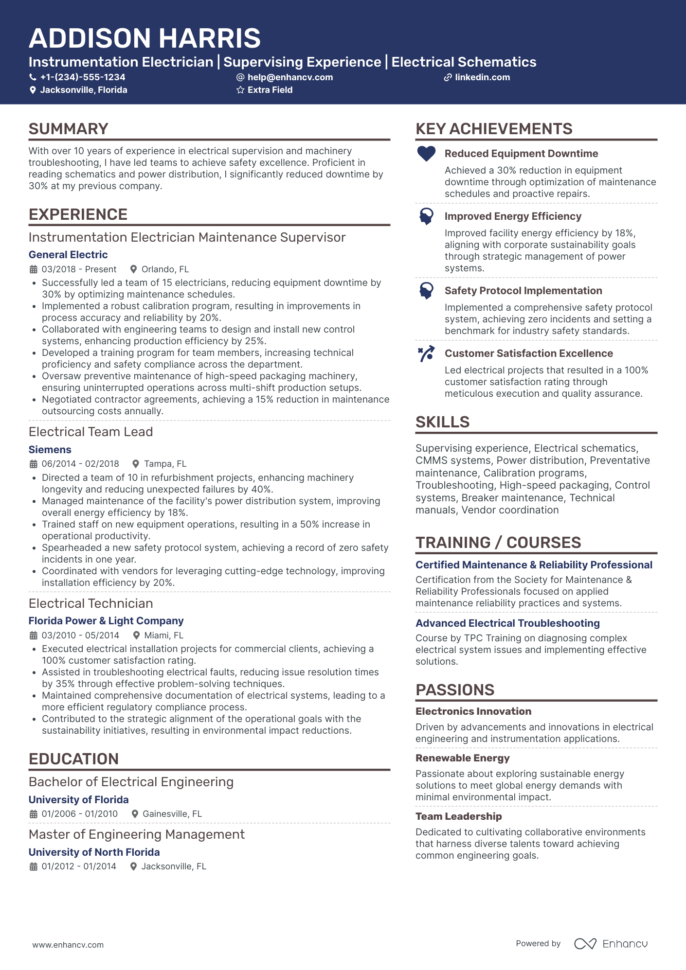 Electrical Engineering Maintenance Supervisor Resume Example