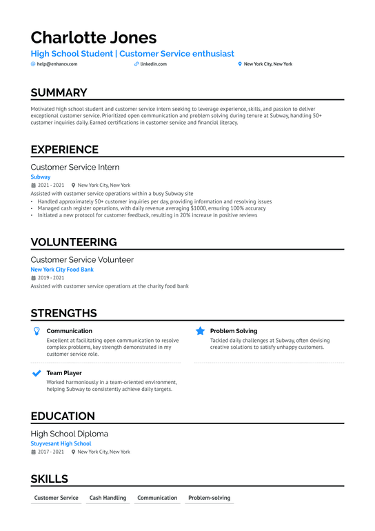 High School Student For Customer Service Resume Example