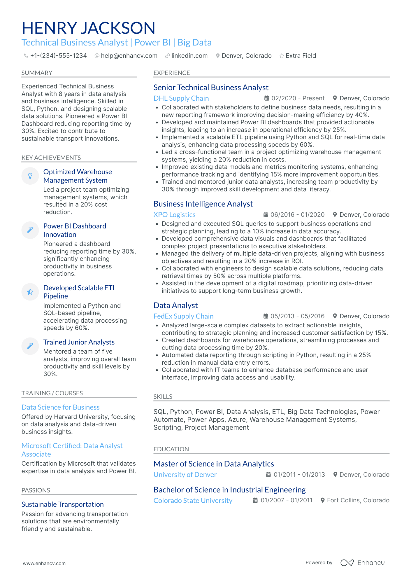 Technical Business Data Analyst Resume Example