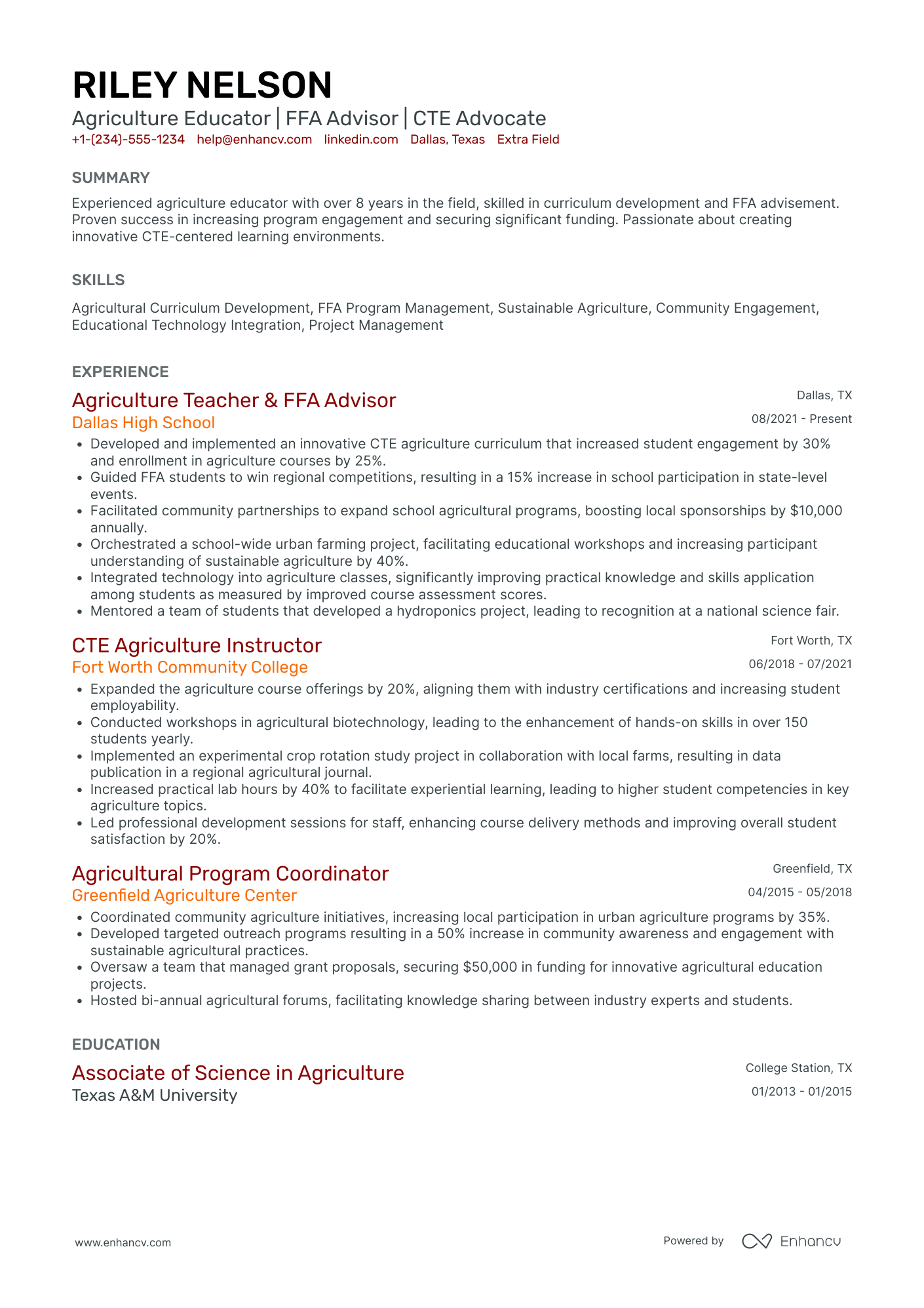 High School Agriculture Teacher Resume Example