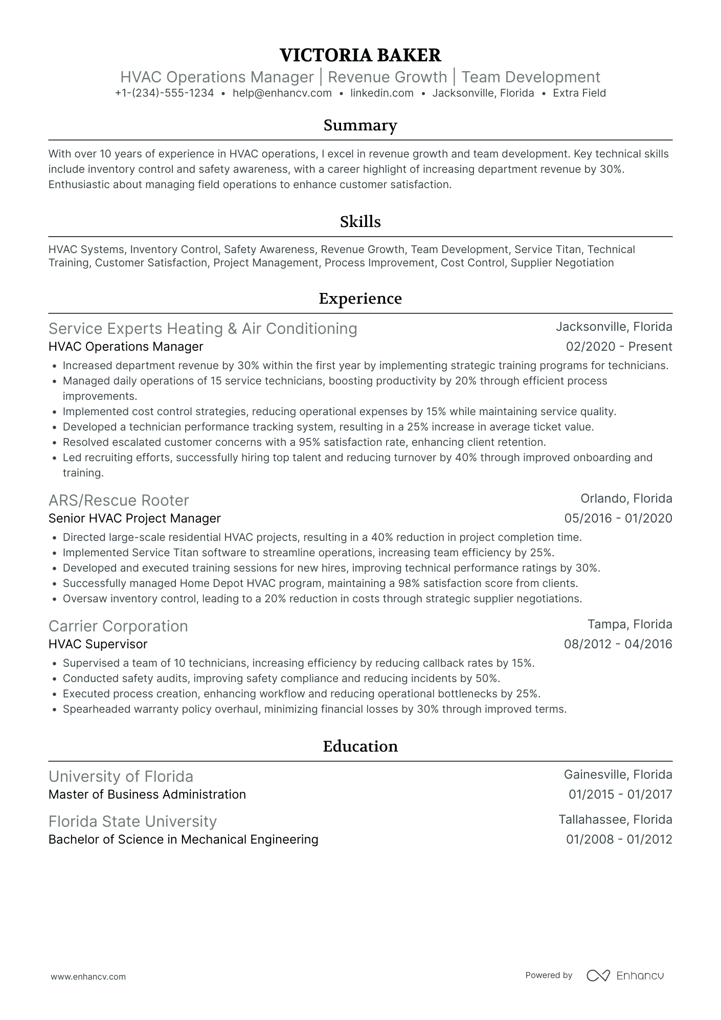 HVAC Operations Manager Resume Example