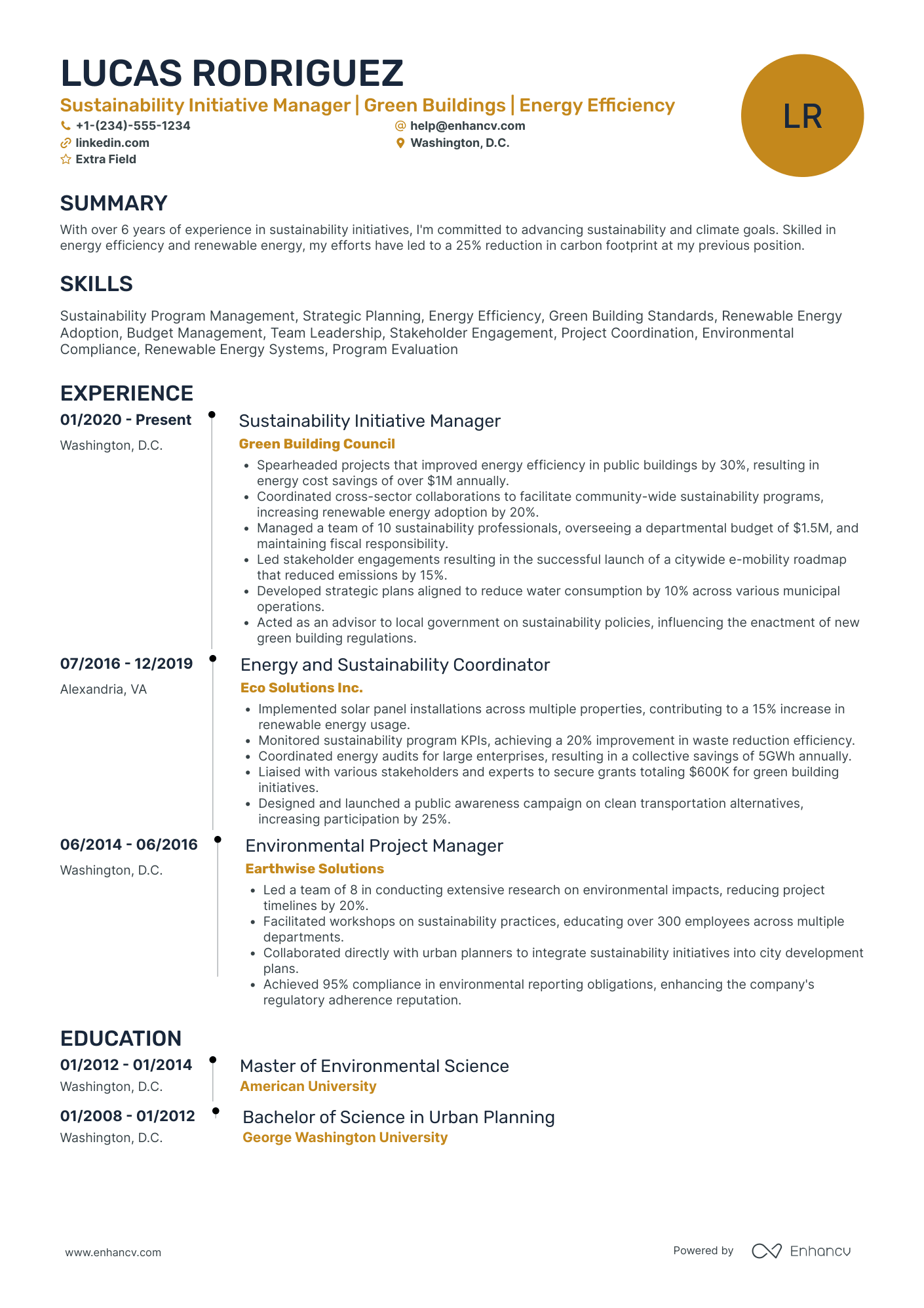 Environmental Sustainability Manager Resume Example