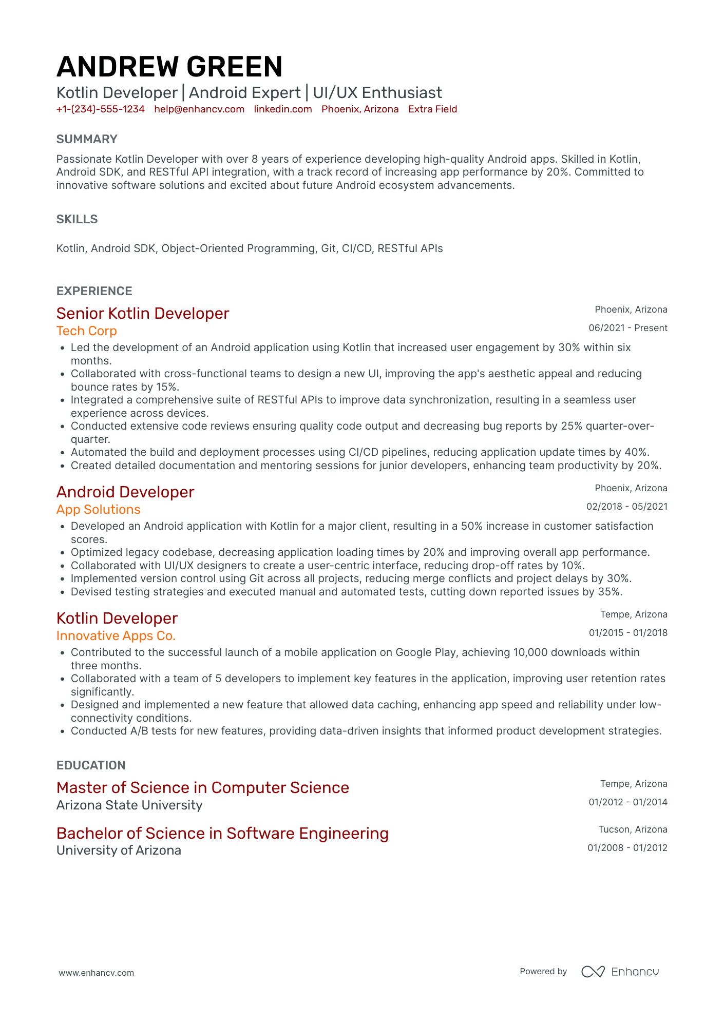 Freelance Android Developer Resume Example