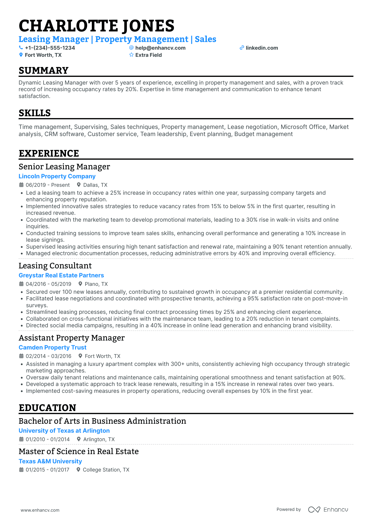 Leasehold Property Manager Resume Example