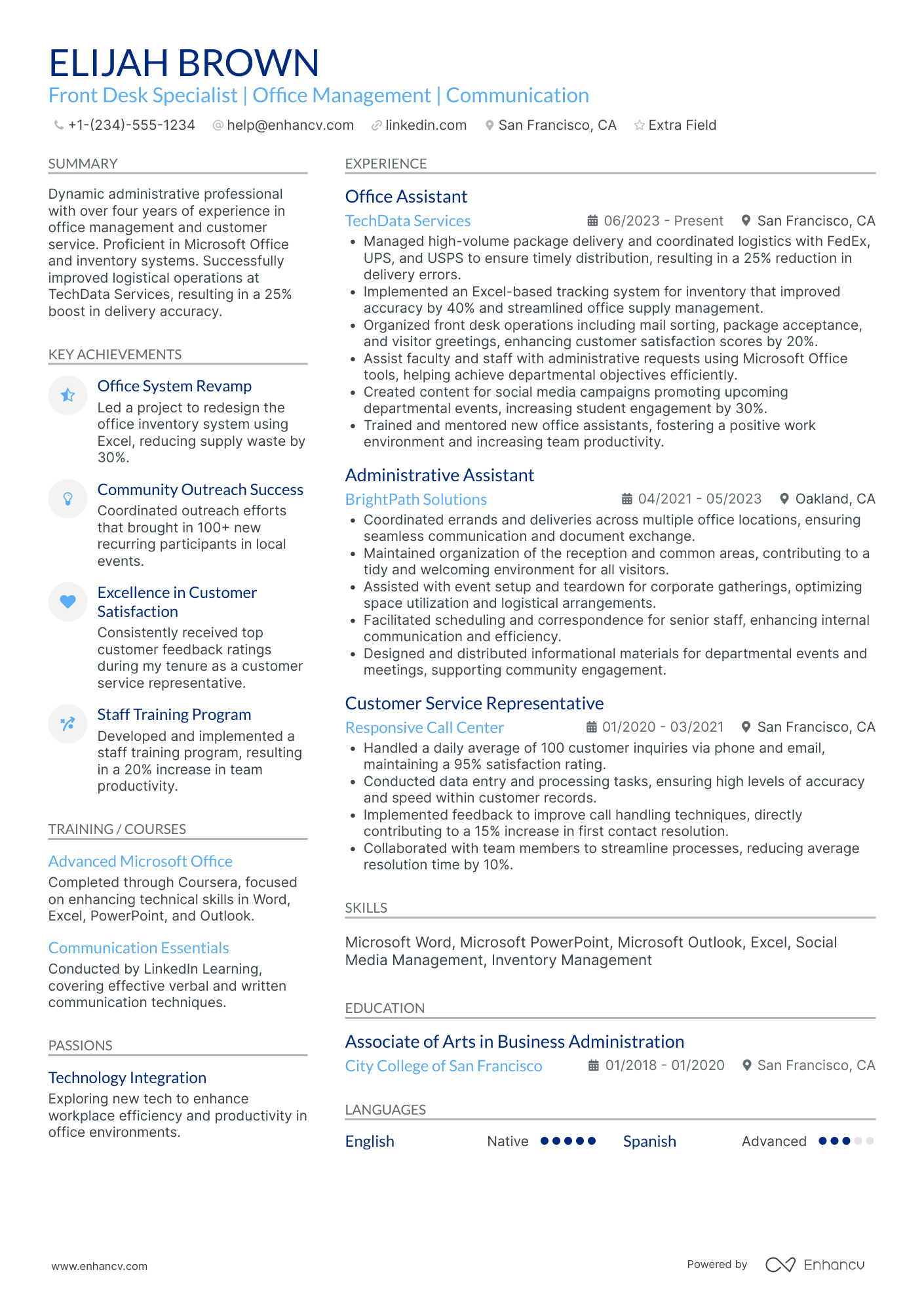 Senior Front Desk Receptionist Resume Example